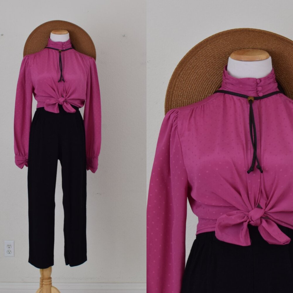 Vintage 80s pink Polyester Secretary Blouse by Cabrais - Picture 2 of 11